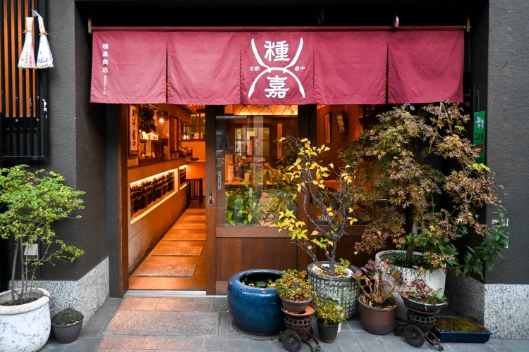 Le « Taneka Shoten », facilement reconnaissable à son noren (rideau) rouge, se dresse tranquillement dans une ruelle de Kyoto.